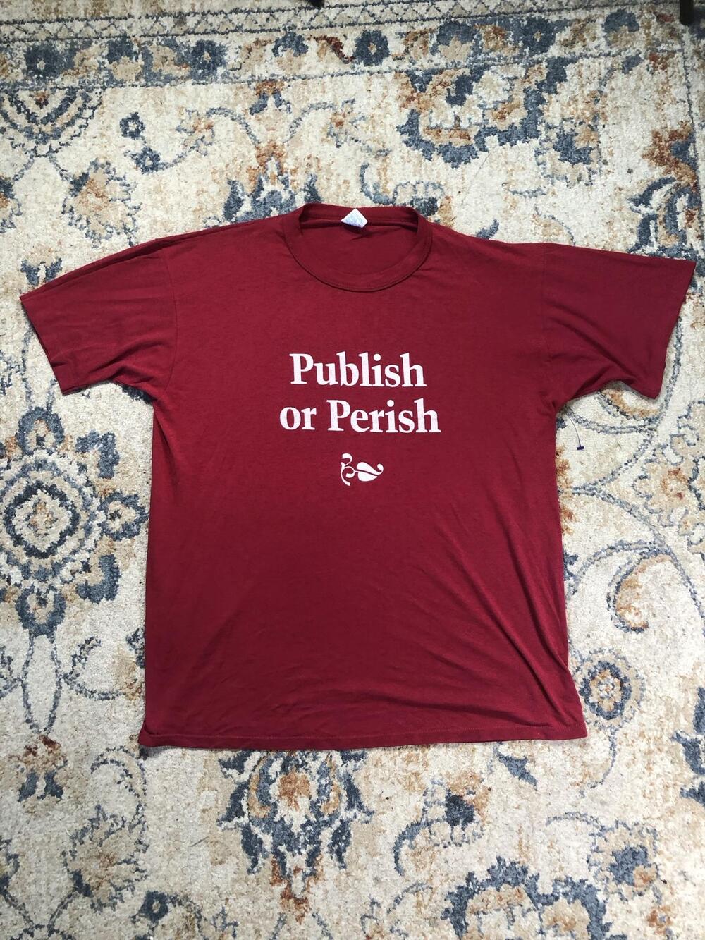 Vintage Russell Athletic Shirt Mens XL Red Publish Or Perish Graphic Tee USA